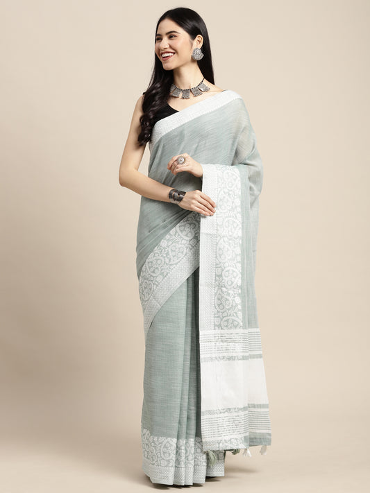 Sutriti Women Teal Green & Silver-Toned Woven Design Linen Blend Saree