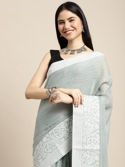 Sutriti Women Teal Green & Silver-Toned Woven Design Linen Blend Saree
