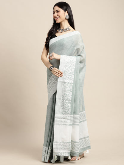 Sutriti Women Teal Green & Silver-Toned Woven Design Linen Blend Saree