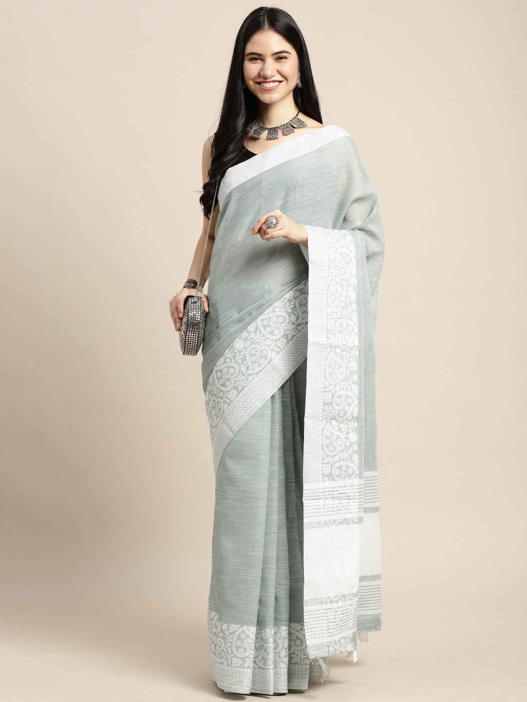 Sutriti Women Teal Green & Silver-Toned Woven Design Linen Blend Saree