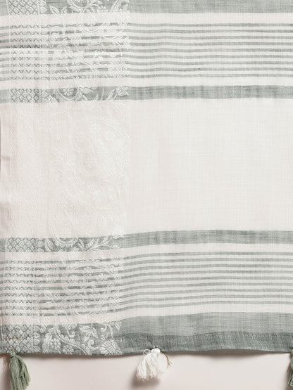 Sutriti Women Teal Green & Silver-Toned Woven Design Linen Blend Saree