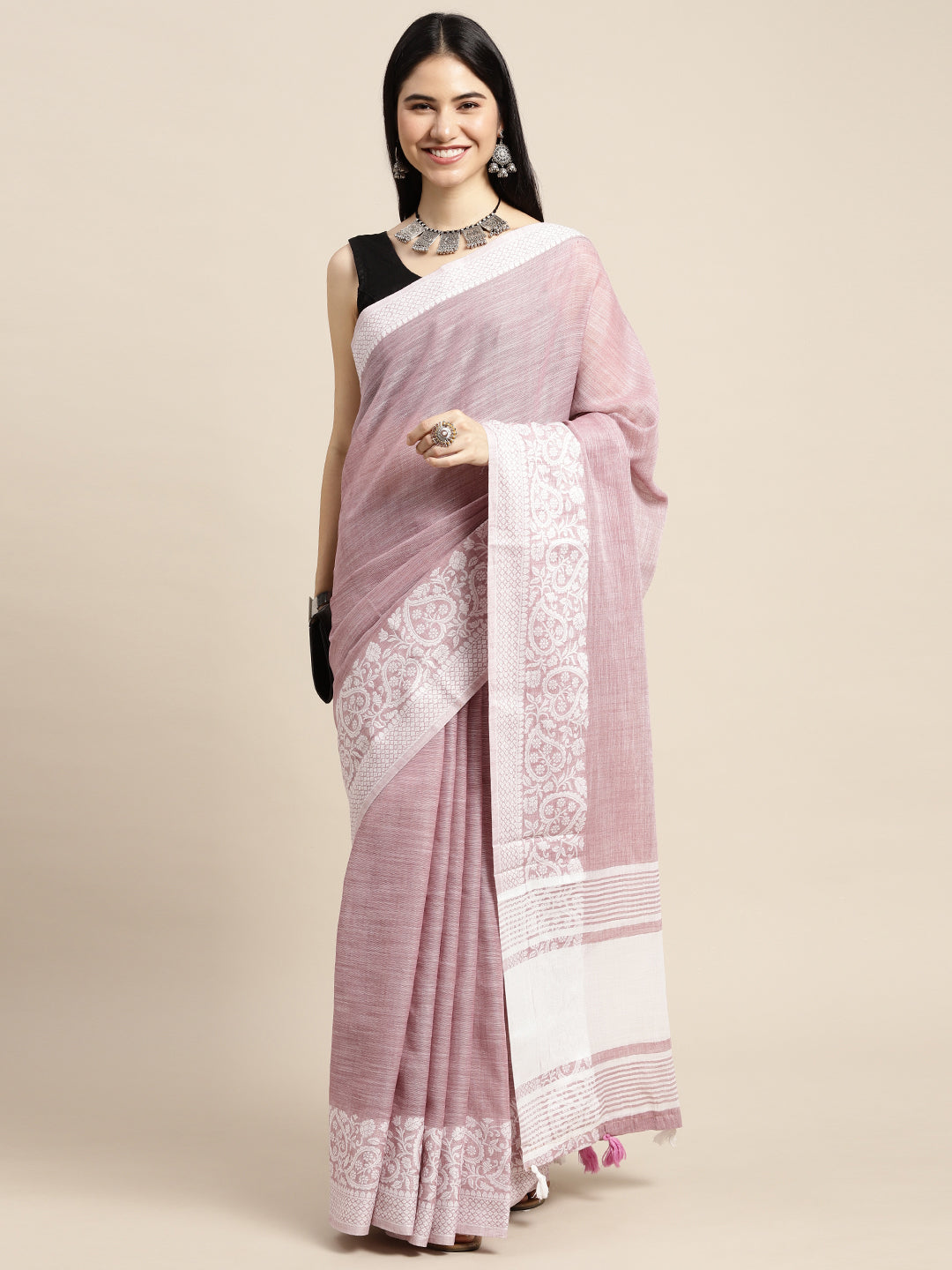 Sutriti Women Mauve Purple & Silver-Toned Woven Design Linen Blend Saree