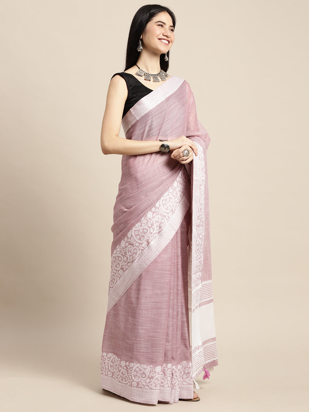 Sutriti Women Mauve Purple & Silver-Toned Woven Design Linen Blend Saree