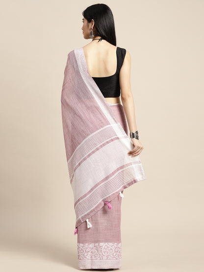 Sutriti Women Mauve Purple & Silver-Toned Woven Design Linen Blend Saree