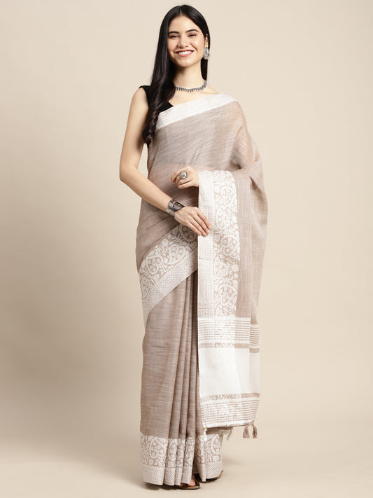Sutriti Women Beige & Silver-Toned Woven Design Linen Blend Saree