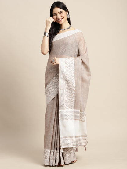 Sutriti Women Beige & Silver-Toned Woven Design Linen Blend Saree