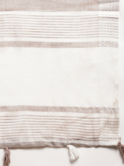 Sutriti Women Beige & Silver-Toned Woven Design Linen Blend Saree