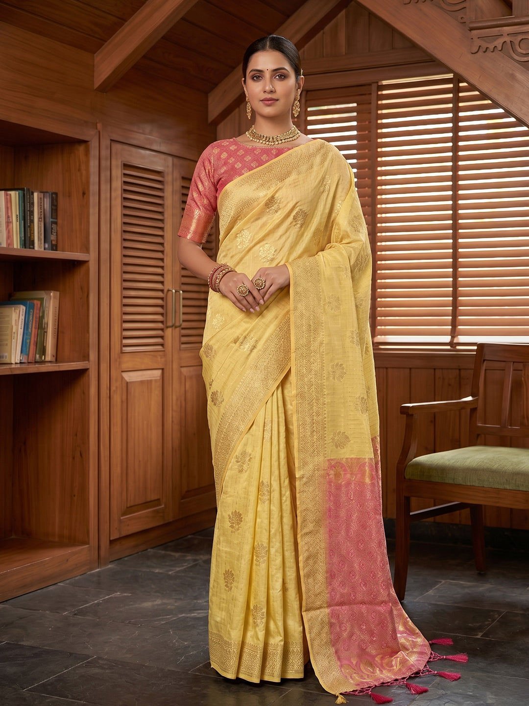 Sutriti Yellow & Pink Cotton Silk Saree for Women - Festive Wedding Party Wear Ethnic Saree