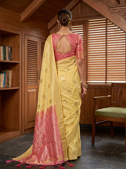 Sutriti Yellow & Pink Cotton Silk Saree for Women - Festive Wedding Party Wear Ethnic Saree