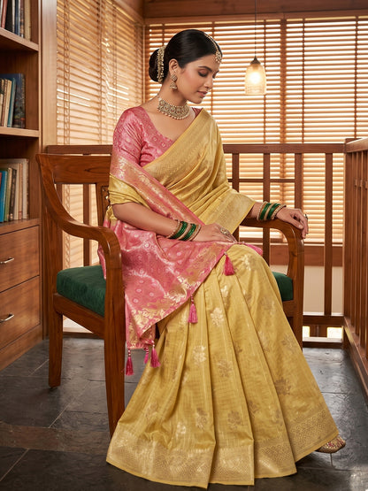 Sutriti Yellow & Pink Cotton Silk Saree for Women - Festive Wedding Party Wear Ethnic Saree