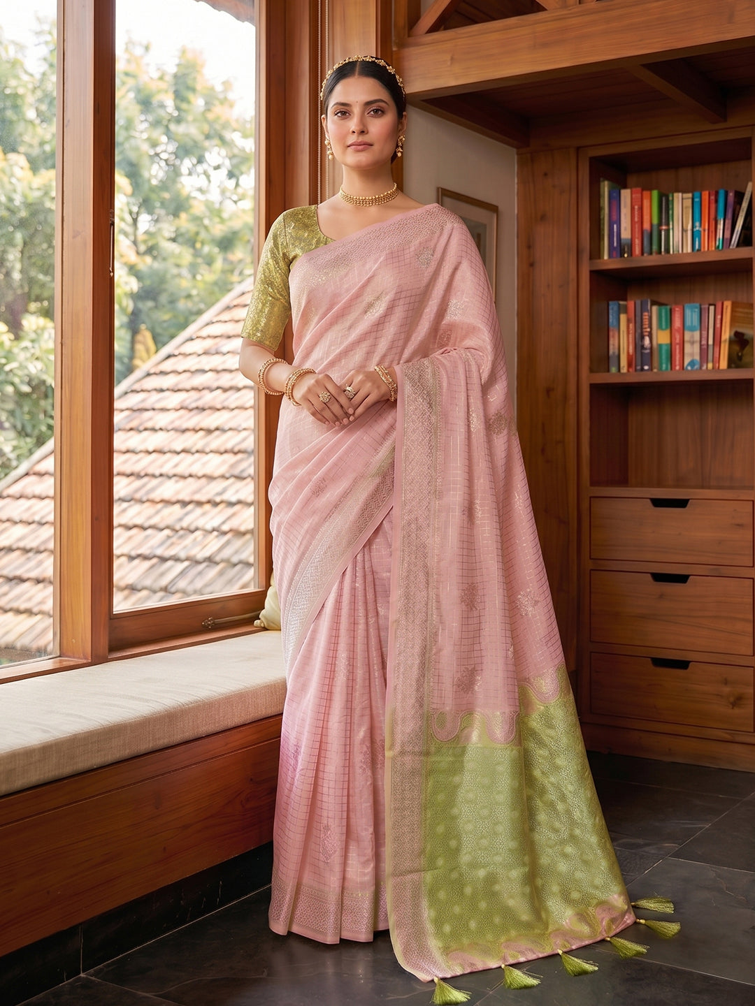 Sutriti Peach & Mehendi Green Cotton Silk Saree for Women - Festive Wedding Party Wear Ethnic Saree