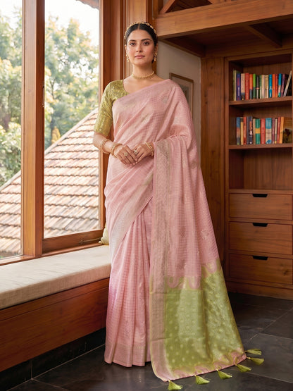 Sutriti Peach & Mehendi Green Cotton Silk Saree for Women - Festive Wedding Party Wear Ethnic Saree
