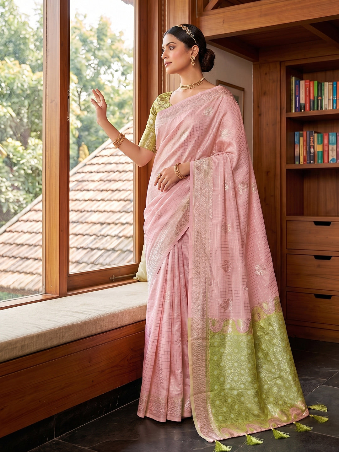 Sutriti Peach & Mehendi Green Cotton Silk Saree for Women - Festive Wedding Party Wear Ethnic Saree
