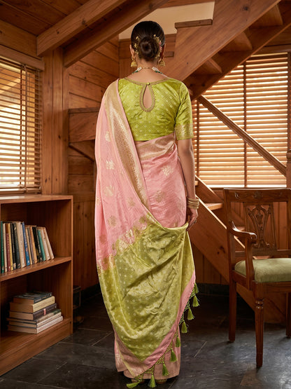 Sutriti Peach & Mehendi Green Cotton Silk Saree for Women - Festive Wedding Party Wear Ethnic Saree