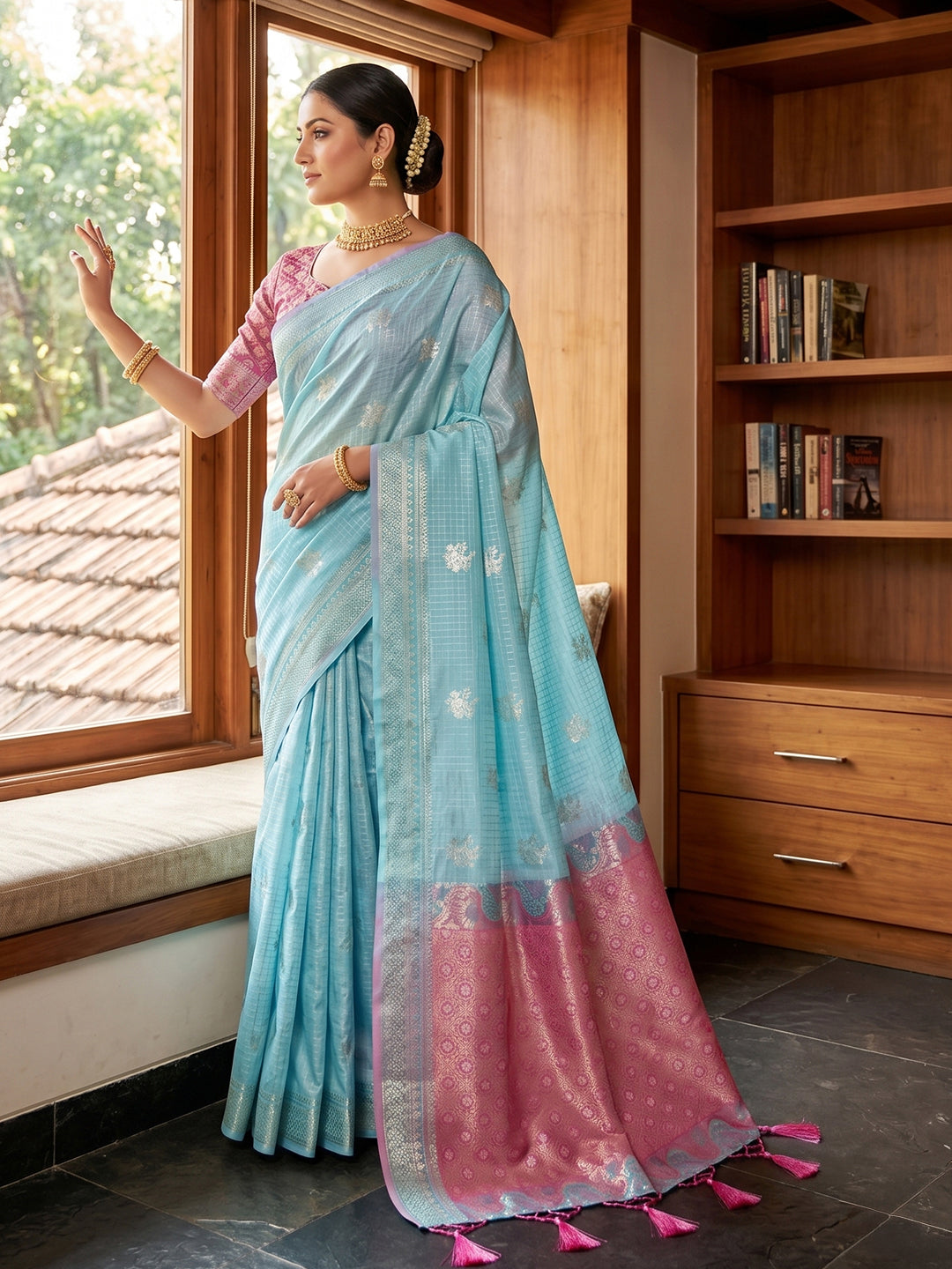 Sutriti Sky Blue & Pink Cotton Silk Saree for Women - Festive Wedding Party Wear Ethnic Saree