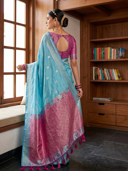 Sutriti Sky Blue & Pink Cotton Silk Saree for Women - Festive Wedding Party Wear Ethnic Saree