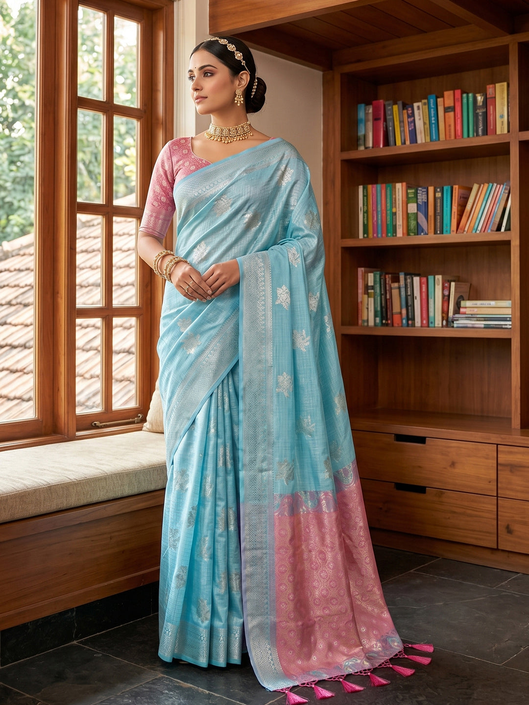 Sutriti Sky Blue & Pink Cotton Silk Saree for Women - Festive Wedding Party Wear Ethnic Saree