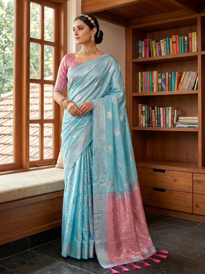 Sutriti Sky Blue & Pink Cotton Silk Saree for Women - Festive Wedding Party Wear Ethnic Saree