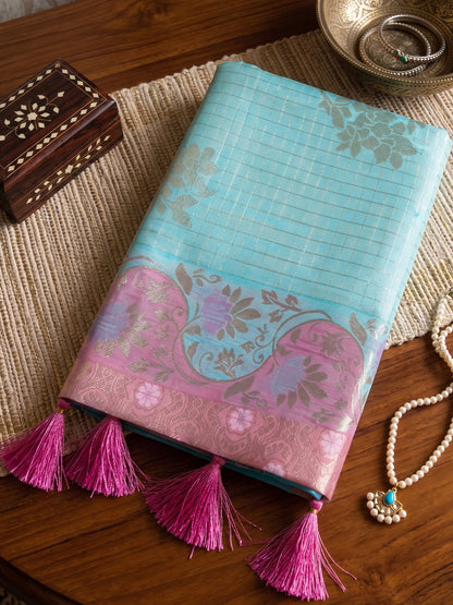 Sutriti Sky Blue & Pink Cotton Silk Saree for Women - Festive Wedding Party Wear Ethnic Saree