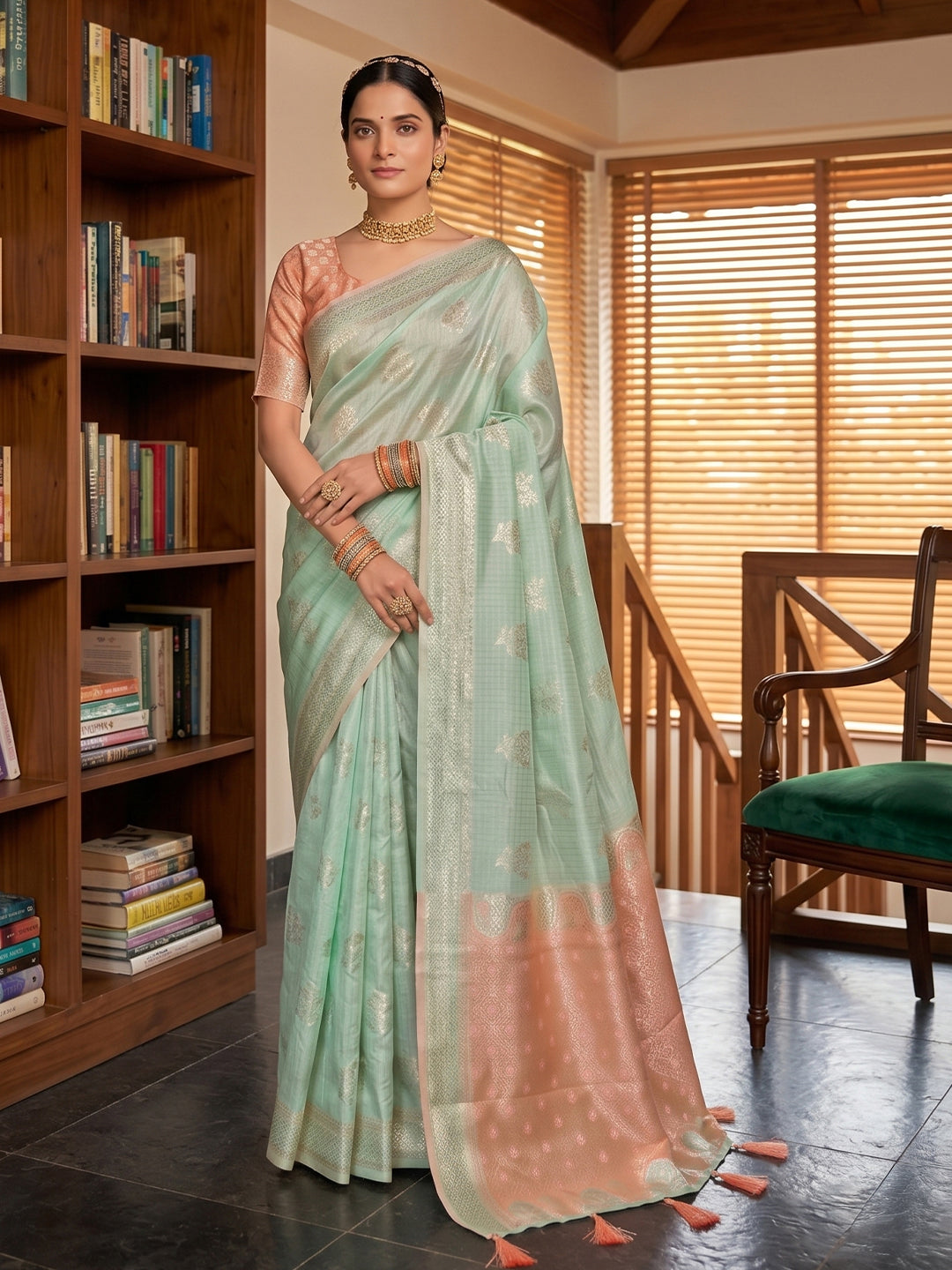 Sutriti Light Green & Pink Cotton Silk Saree for Women - Festive Wedding Party Wear Ethnic Saree