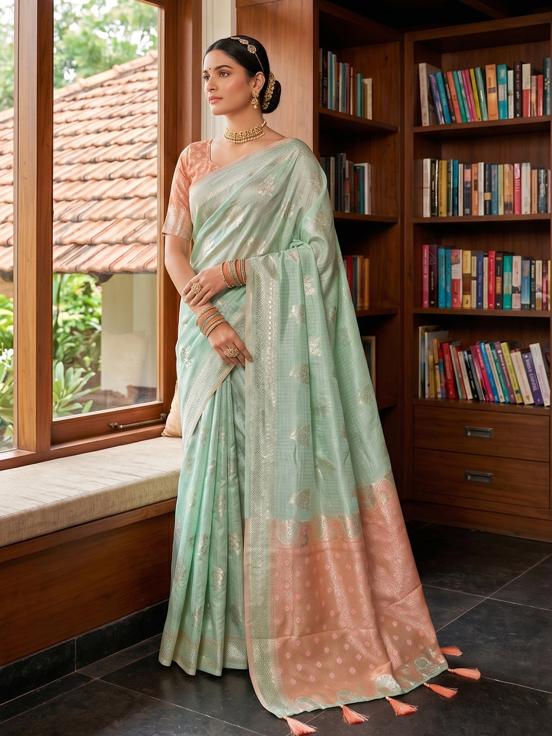 Sutriti Light Green & Pink Cotton Silk Saree for Women - Festive Wedding Party Wear Ethnic Saree