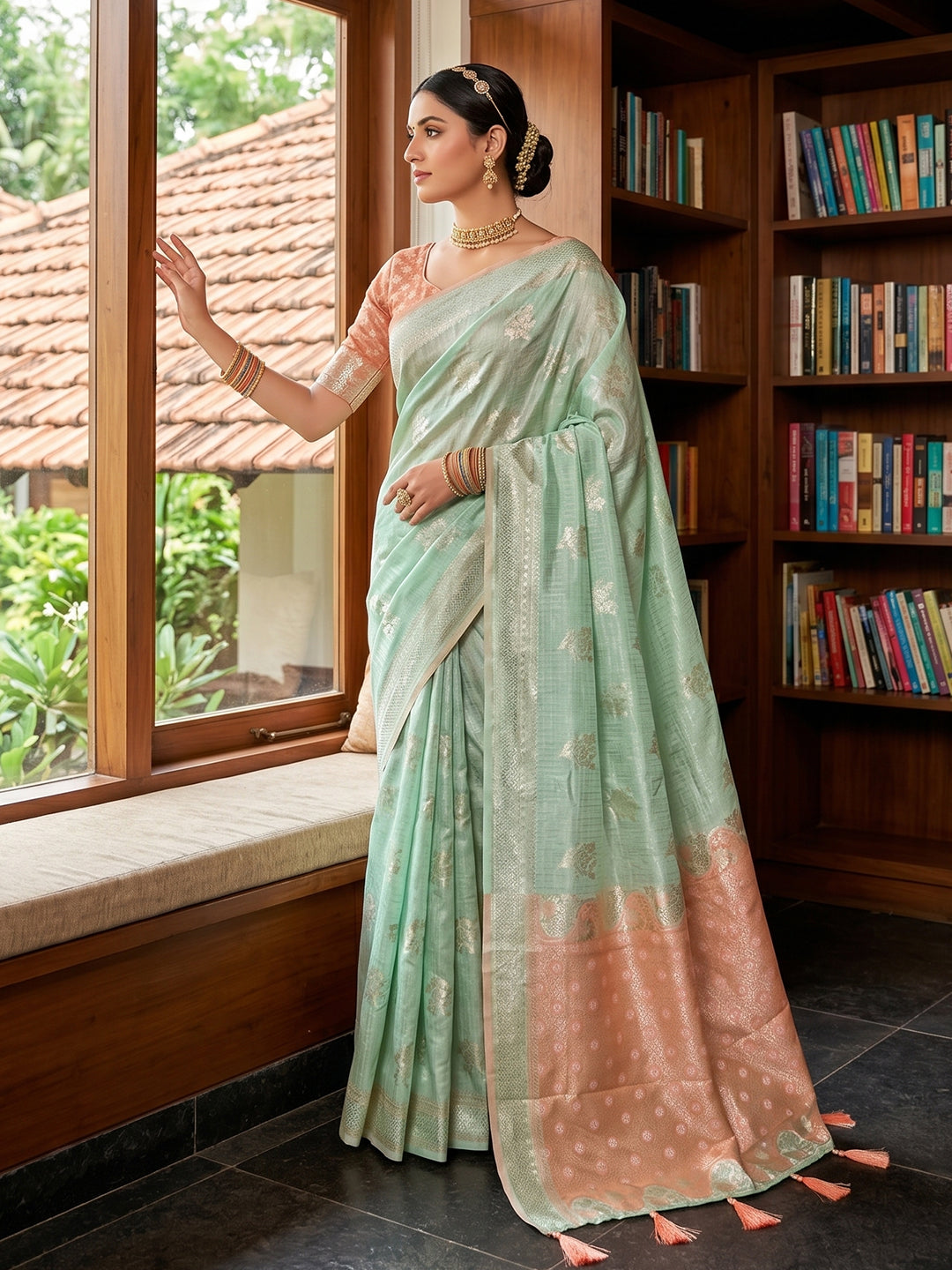 Sutriti Light Green & Pink Cotton Silk Saree for Women - Festive Wedding Party Wear Ethnic Saree