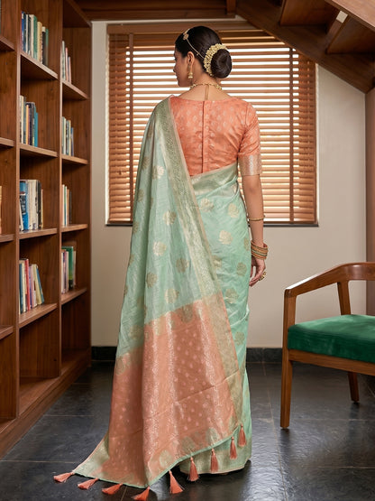 Sutriti Light Green & Pink Cotton Silk Saree for Women - Festive Wedding Party Wear Ethnic Saree