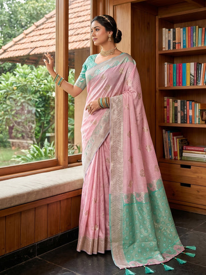 Sutriti Pink & Sky Blue Cotton Silk Saree for Women - Festive Wedding Party Wear Ethnic Saree