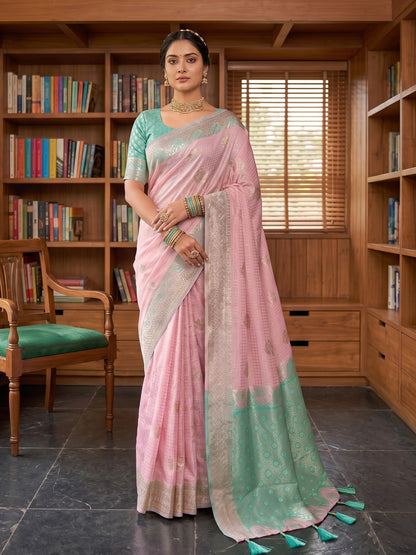 Sutriti Pink & Sky Blue Cotton Silk Saree for Women - Festive Wedding Party Wear Ethnic Saree