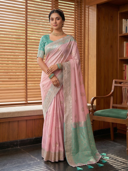 Sutriti Pink & Sky Blue Cotton Silk Saree for Women - Festive Wedding Party Wear Ethnic Saree