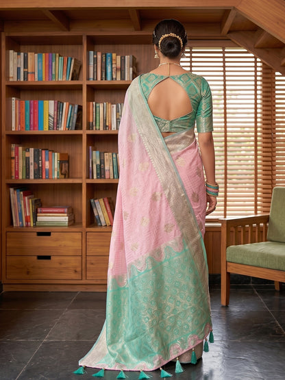 Sutriti Pink & Sky Blue Cotton Silk Saree for Women - Festive Wedding Party Wear Ethnic Saree