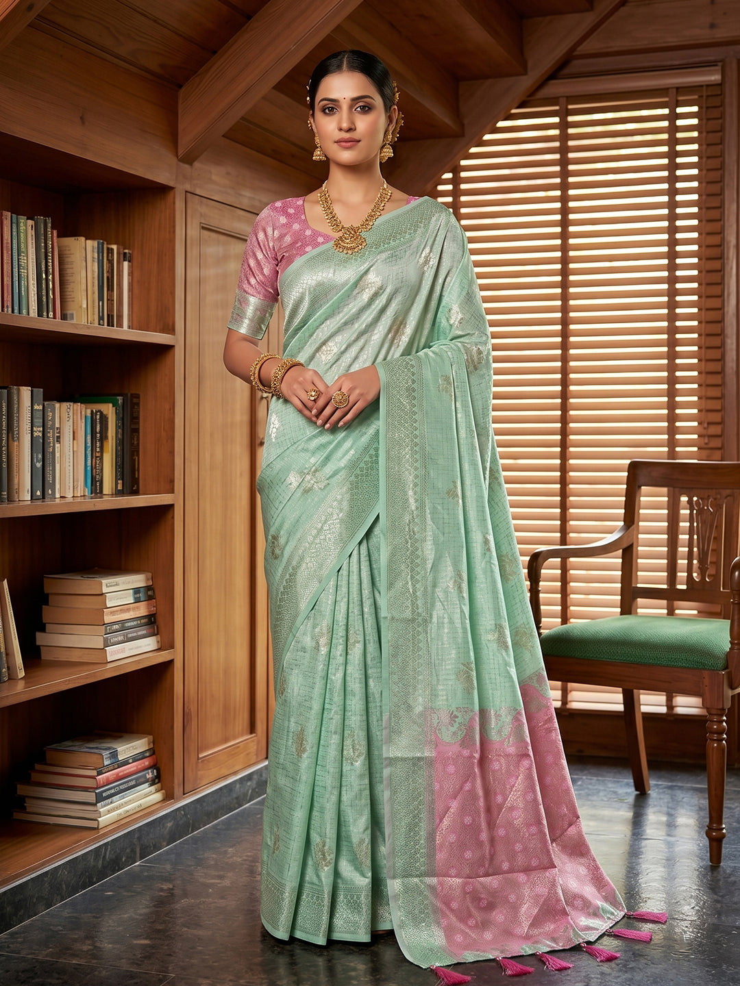 Sutriti Sea Green & Pink Cotton Silk Saree for Women - Festive Wedding Party Wear Ethnic Saree