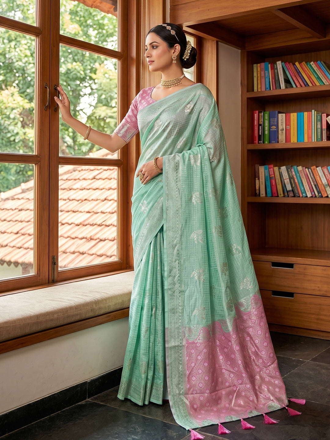 Sutriti Sea Green & Pink Cotton Silk Saree for Women - Festive Wedding Party Wear Ethnic Saree