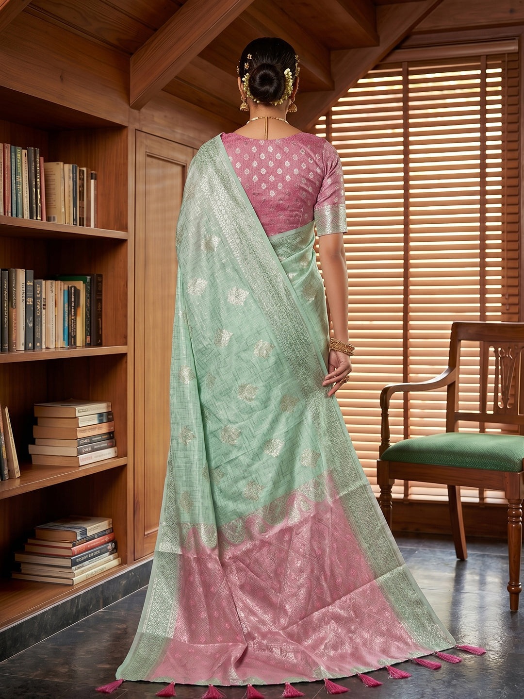 Sutriti Sea Green & Pink Cotton Silk Saree for Women - Festive Wedding Party Wear Ethnic Saree