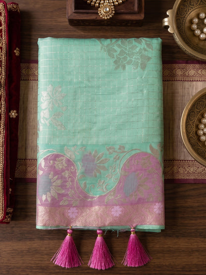 Sutriti Sea Green & Pink Cotton Silk Saree for Women - Festive Wedding Party Wear Ethnic Saree