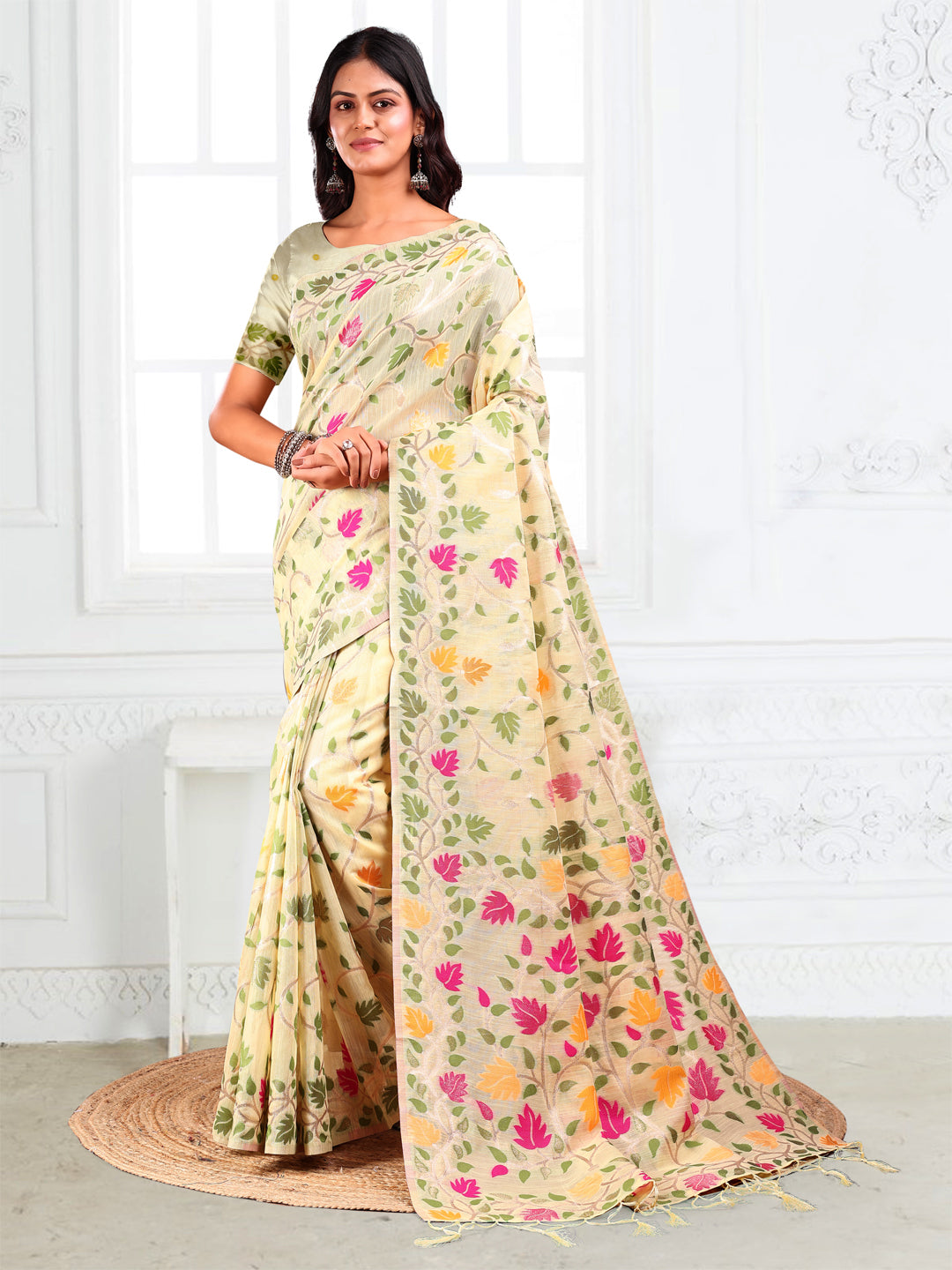 SUTRITI Multicolor Leaf Printed Saree for Women | Soft Lightweight Everyday Saree | Elegant Floral Vine Pallu & Border | Party, Office, Puja Wear | Includes Unstitched Blouse Piece(Cream)