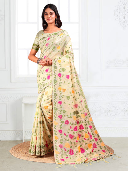 SUTRITI Multicolor Leaf Printed Saree for Women | Soft Lightweight Everyday Saree | Elegant Floral Vine Pallu & Border | Party, Office, Puja Wear | Includes Unstitched Blouse Piece(Cream)