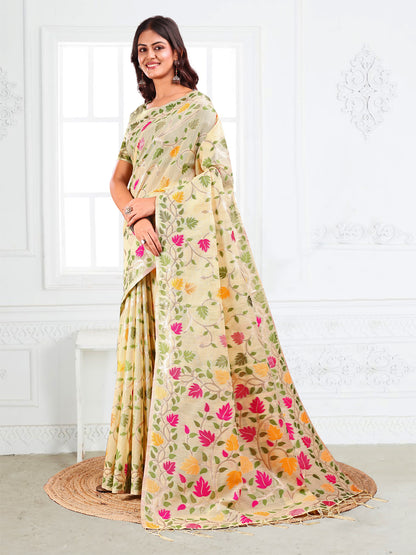 SUTRITI Multicolor Leaf Printed Saree for Women | Soft Lightweight Everyday Saree | Elegant Floral Vine Pallu & Border | Party, Office, Puja Wear | Includes Unstitched Blouse Piece(Cream)