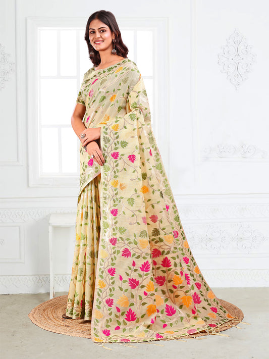 SUTRITI Multicolor Leaf Printed Saree for Women | Soft Lightweight Everyday Saree | Elegant Floral Vine Pallu & Border | Party, Office, Puja Wear | Includes Unstitched Blouse Piece(Cream)