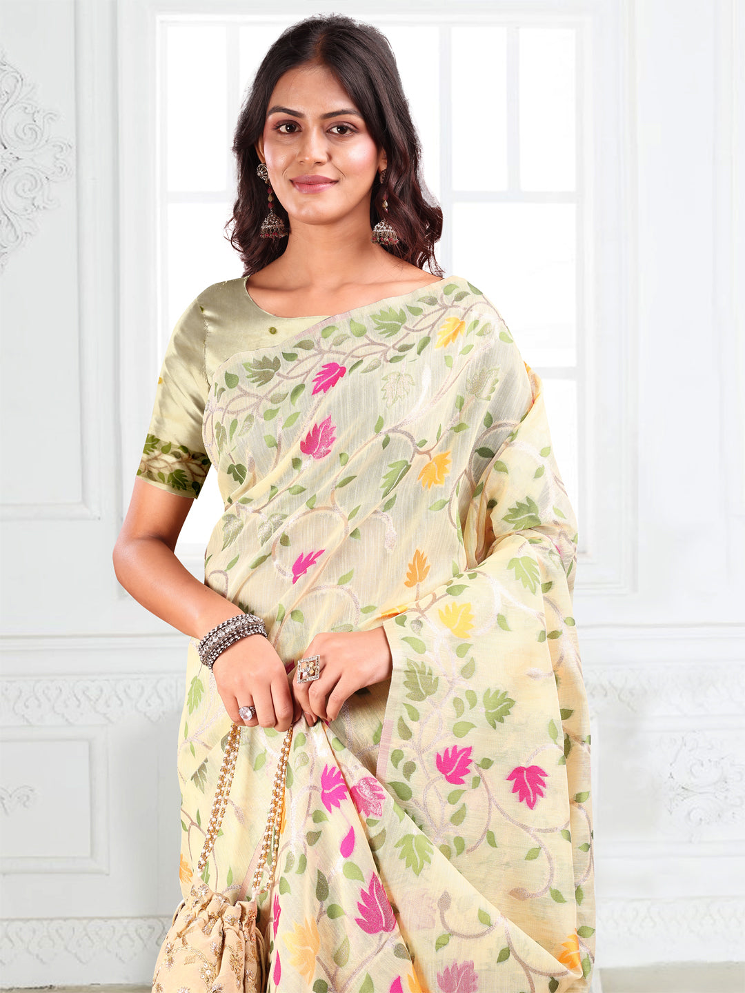 SUTRITI Multicolor Leaf Printed Saree for Women | Soft Lightweight Everyday Saree | Elegant Floral Vine Pallu & Border | Party, Office, Puja Wear | Includes Unstitched Blouse Piece(Cream)