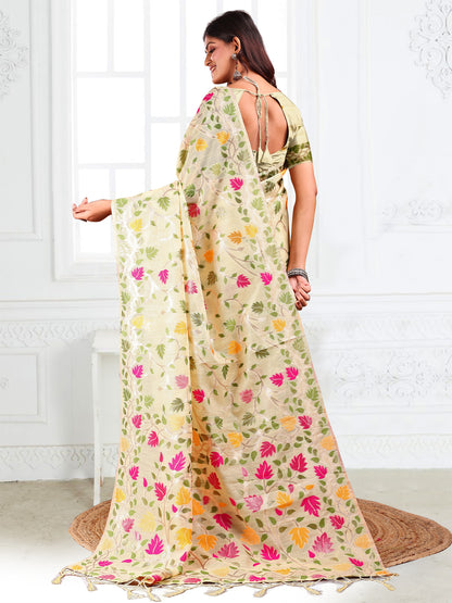 SUTRITI Multicolor Leaf Printed Saree for Women | Soft Lightweight Everyday Saree | Elegant Floral Vine Pallu & Border | Party, Office, Puja Wear | Includes Unstitched Blouse Piece(Cream)