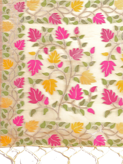 SUTRITI Multicolor Leaf Printed Saree for Women | Soft Lightweight Everyday Saree | Elegant Floral Vine Pallu & Border | Party, Office, Puja Wear | Includes Unstitched Blouse Piece(Cream)