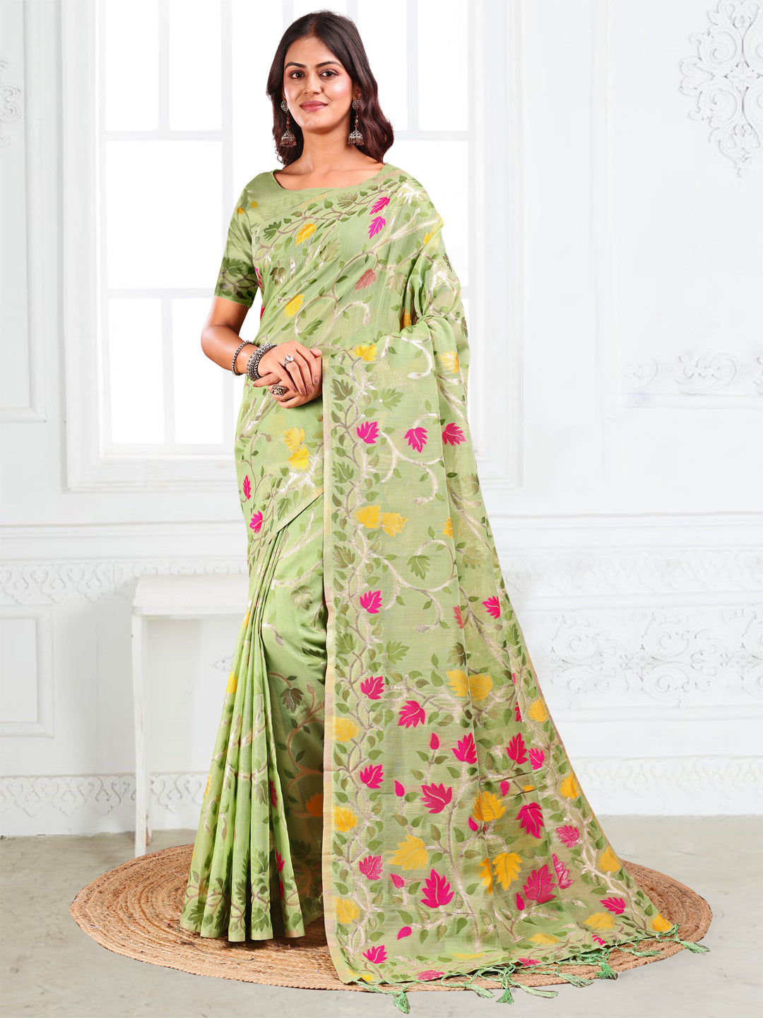 SUTRITI Multicolor Leaf Printed Saree for Women | Soft Lightweight Everyday Saree | Elegant Floral Vine Pallu & Border | Party, Office, Puja Wear | Includes Unstitched Blouse Piece(Pista Green)