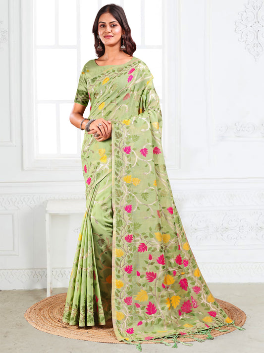 SUTRITI Multicolor Leaf Printed Saree for Women | Soft Lightweight Everyday Saree | Elegant Floral Vine Pallu & Border | Party, Office, Puja Wear | Includes Unstitched Blouse Piece(Pista Green)