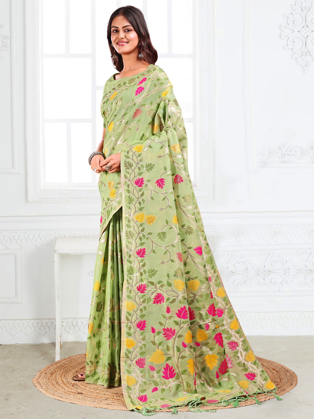 SUTRITI Multicolor Leaf Printed Saree for Women | Soft Lightweight Everyday Saree | Elegant Floral Vine Pallu & Border | Party, Office, Puja Wear | Includes Unstitched Blouse Piece(Pista Green)