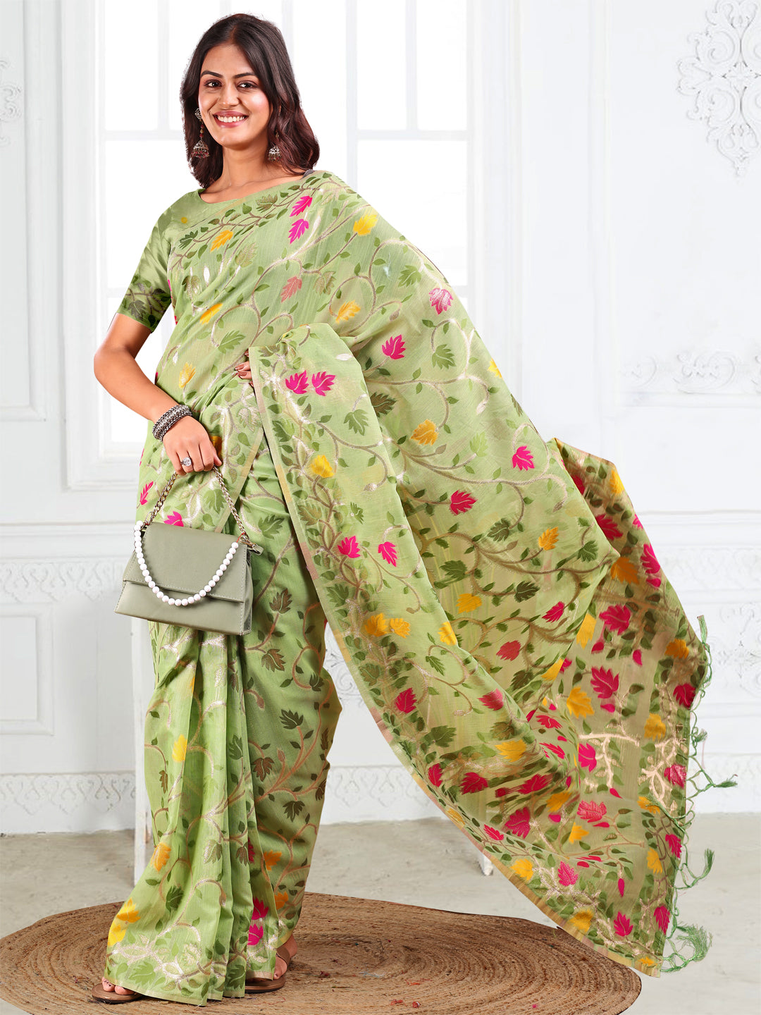 SUTRITI Multicolor Leaf Printed Saree for Women | Soft Lightweight Everyday Saree | Elegant Floral Vine Pallu & Border | Party, Office, Puja Wear | Includes Unstitched Blouse Piece(Pista Green)