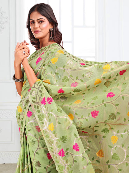 SUTRITI Multicolor Leaf Printed Saree for Women | Soft Lightweight Everyday Saree | Elegant Floral Vine Pallu & Border | Party, Office, Puja Wear | Includes Unstitched Blouse Piece(Pista Green)