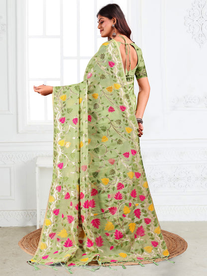 SUTRITI Multicolor Leaf Printed Saree for Women | Soft Lightweight Everyday Saree | Elegant Floral Vine Pallu & Border | Party, Office, Puja Wear | Includes Unstitched Blouse Piece(Pista Green)