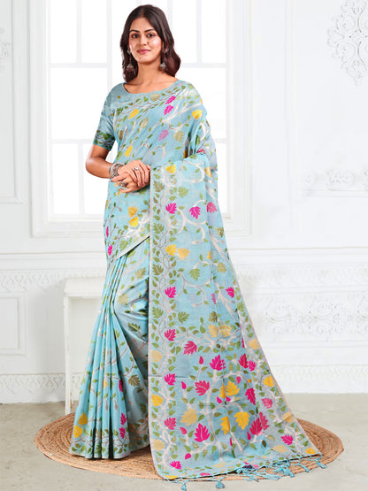 SUTRITI Multicolor Leaf Printed Saree for Women | Soft Lightweight Everyday Saree | Elegant Floral Vine Pallu & Border | Party, Office, Puja Wear | Includes Unstitched Blouse Piece(Sky Blue)