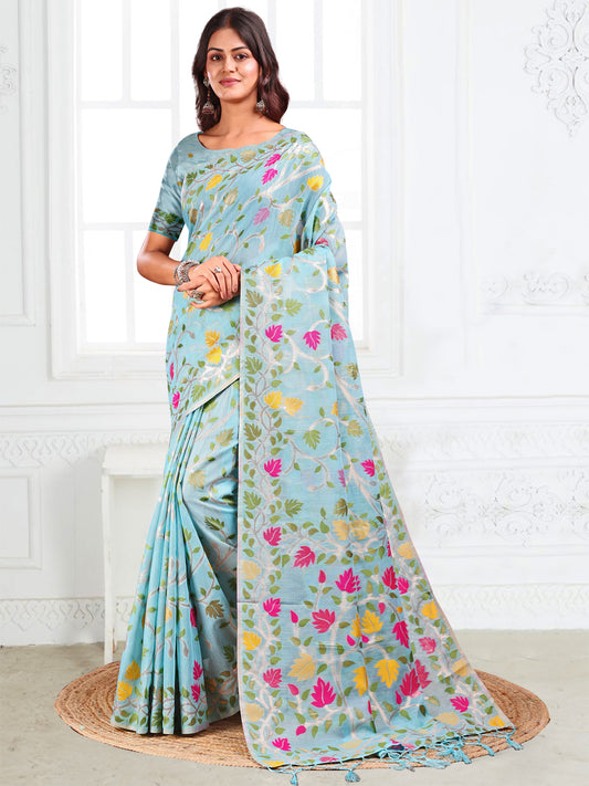 SUTRITI Multicolor Leaf Printed Saree for Women | Soft Lightweight Everyday Saree | Elegant Floral Vine Pallu & Border | Party, Office, Puja Wear | Includes Unstitched Blouse Piece(Sky Blue)